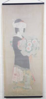 20thC Japanese School. Figure of a Geisha holding flowers, mixed media on silk, wall hanging, 93cm x 46cm. - 3