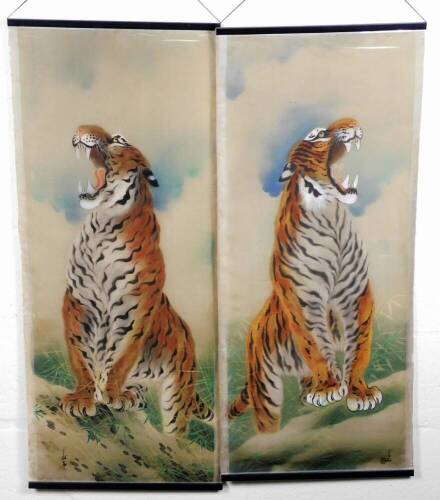 20thC Eastern School. Figure of tiger and another, mixed media, silk wall hangings, 95cm x 46cm. (2)