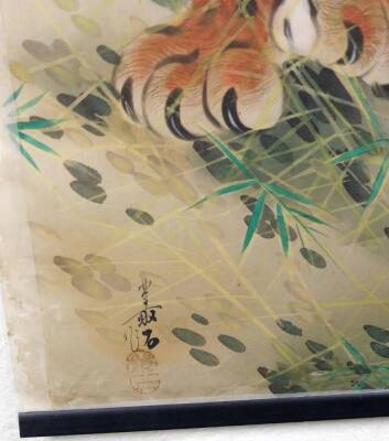 20thC Eastern School. Figure of tiger and another, mixed media, silk wall hangings, 95cm x 46cm. (2) - 3