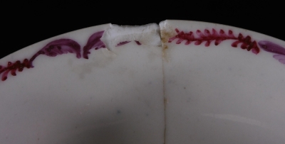 A Chinese Republic porcelain tea bowl and saucer, 13cm Dia. each polychrome decorated with figures and birds, predominately in pink, green and blue, unmarked. (AF) - 4