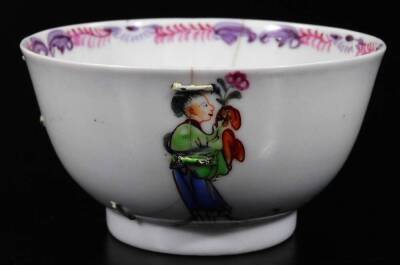 A Chinese Republic porcelain tea bowl and saucer, 13cm Dia. each polychrome decorated with figures and birds, predominately in pink, green and blue, unmarked. (AF) - 5