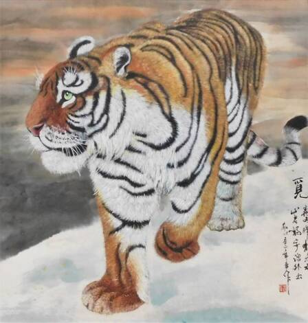 20thC Chinese School. Prowling Tiger, mixed media, signed, 86cm x 86cm. with paperwork.