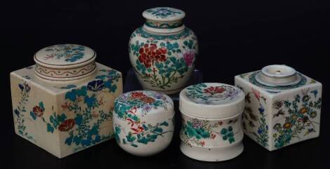 A Japanese Meiji period pottery jar and cover, of square form, partially handpainted with insects and flowering shrubs, predominately in orange, green and blue, with removable lid, unmarked, 9cm H another similar but larger, a Kutani bowl and two other pi