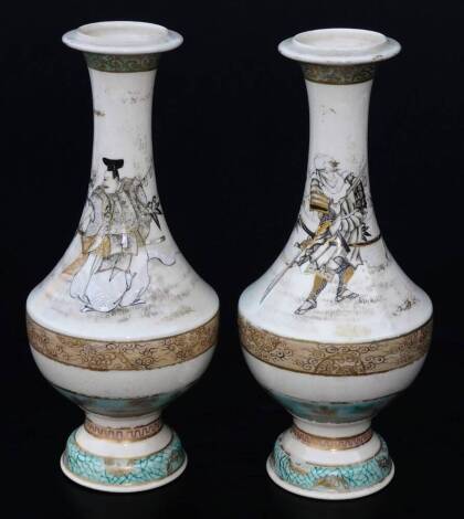 A pair of 19thC Japanese pottery Meiji period vases, each of bellied garlic form, decorated with warriors, with a lower floral banding with gilt highlights and a green lattice border beneath, with character marks, 25cm H. (2)