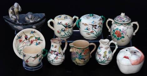 Various Japanese pottery and effects, a face mask jar with removable lid, 13cm H, various Japanese late Meiji period pottery pieces, polychrome decorated with Kutani crane, birds, other birds, flowers, etc. and a stoneware model of a boat set with figures