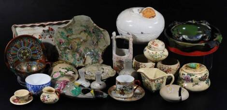 Various Japanese porcelain and effects, a Kutani dish of shaped rectangular form, profusely decorated with flowers, 23cm W, (AF), Studio style dish with figures to the rim and another larger, various other dishes, etc. wall pockets, cabinet cup and saucer