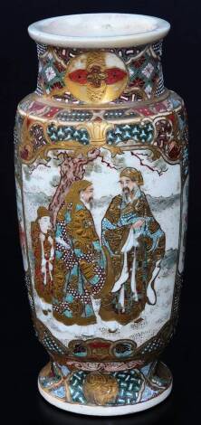 A 19thC Japanese pottery Satsuma vase, the shouldered circular body, typically decorated with panels of figures, predominately in turquoise and red with gilt highlights, on a circular foot, double mark beneath, 23cm H.