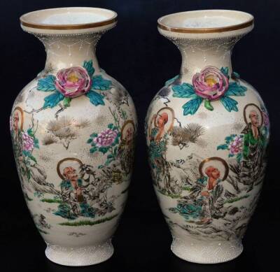 A pair of Japanese pottery Kyoto Meiji period vases, each with compressed trumpet stems and shouldered bodies, raised with a flowerhead and leaves, profusely decorated with figures in flowing robes, predominately in turquoise and yellow with gilt highligh - 4