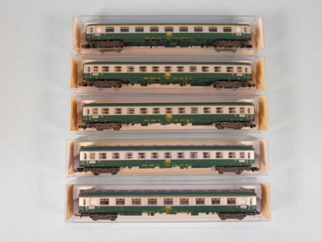 Five Fleischmann Piccolo N gauge "SNCF" coaches in silver and green