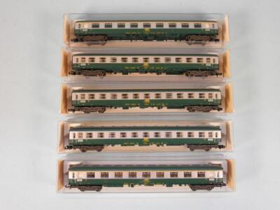 Five Fleischmann Piccolo N gauge "SNCF" coaches in silver and green