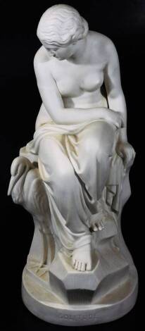 A mid 19thC Minton J Lawlor; Art Union of London Parian sculpture of Solitude, formed as a semi-clad lady aside stork, on a naturalistic setting, titled, signed and dated, London 1852, 53cm H.