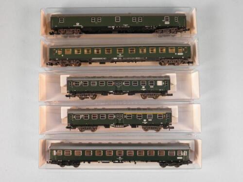 Five Fleischmann Piccolo N gauge carriages each silver and green liveried