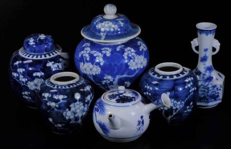 Various Chinese porcelain, prunus and other vases, to include one of inverted circular form with domed lid, 25cm H, a further ginger jar, two open jars, similarly decorated blue and white Japanese Hirado porcelain vase, water pot with side handle, etc. (