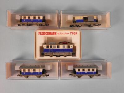 A Fleischmann Piccolo N gauge electric locomotive No. 7969 in electric blue