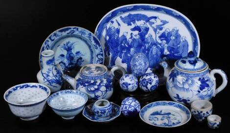 Various Chinese blue and white porcelain, a teapot of bulbous form decorated with flowers, various ceramic eggs, 8cm H etc., an 18thC Chinese export dish of circular form, a blue and white teapot on associated stand, various other tea bowls, 19thC miniatu