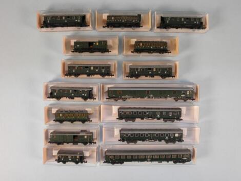 Fifteen Fleischmann Piccolo N gauge carriages