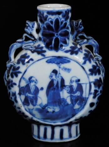 A late 19thC Chinese porcelain moon flask, of small proportion, the circular body with dragon handles on an oval foot, profusely decorated with panels of figures, unmarked, 16cm H.