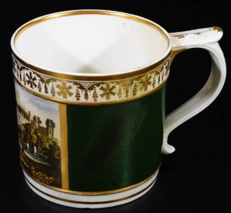 An early 19thC Derby Porcelain tankard, probably by Daniel Lucas, of cylindrical form, with shaped leaf topped handle, decorated with Warwick Castle design, with an upper gilt floral banding on a green ground with further gilt highlights, signed beneath, 