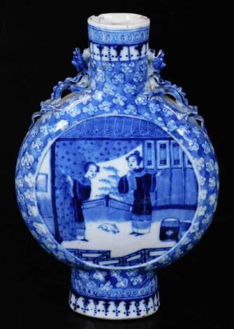 A 19thC Qing period Chinese porcelain moon flask, the circular body decorated with two panels with interior scenes, the first of two ladies in flowing robes, the second similar, flanked by pierced dragon handles, on an oval foot, unmarked, 28cm H. (AF)