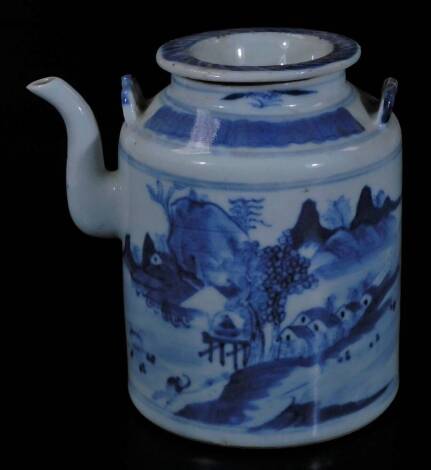 A Chinese porcelain Qing period teapot, of cylindrical form with removable lid, profusely decorated with Eastern scenes, figures before buildings and mountains, on a circular foot, unmarked, 17cm H.