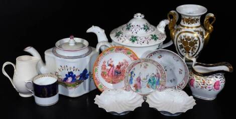 An early 19thC Newhall porcelain teapot and cover, of diamond shaped form polychrome decorated with flowers predominately in pink and blue, unmarked, 18cm H, a 20thC Leeds Classical Creamware jug with entwined handle, two shell shaped dishes, a small quan