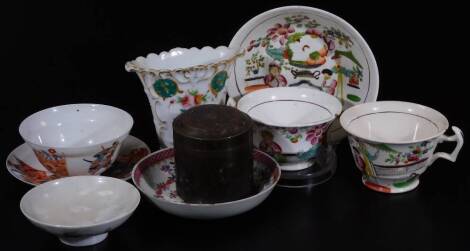 An oriental porcelain tea bowl and saucer, polychrome decorated with various samurai, six character mark beneath, a metal jar, 7cm H, a shallow bowl decorated with Kutani crane and reeds, with seal mark beneath, various other continental porcelain, etc., 