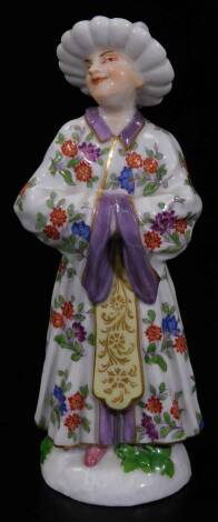 A 19th Meissen porcelain figure, of a Chinese lady in flowing dress, polychrome decorated with flowers, impressed and printed marks beneath, 4-3685 with blue cross swords, 11cm H.