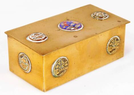 A Chinese brass stamp case, of rectangular form set with Chinese orbs with enamel butterfly centre and three sectional interior, 10cm W.