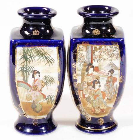 A pair of small Japanese pottery Satsuma vases, probably late Meiji period, each of shouldered square tapering form, decorated with panels of flowers and figures, on circular feet, with gilt highlights, 20cm H. (2)