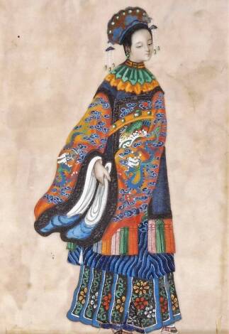 Chinese Republic School. Figure of a lady, in flowing robes, mixed media, probably silk material and rice paper in colours, 18cm x 13cm, in an elaborate frame.