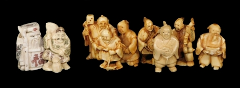 Various Japanese Taisho period netsuke, to include figure of a standing gentleman holding staff, 6cm H, etc. (9)