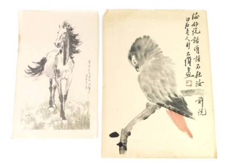 Xu Beihong (Chinese 1895-1953), Standing Horse, print, 44cm x 28 cm and a further print, in the manner of Qi Baishi, Parrot on a branch, print, 50cm x 37cm (2)