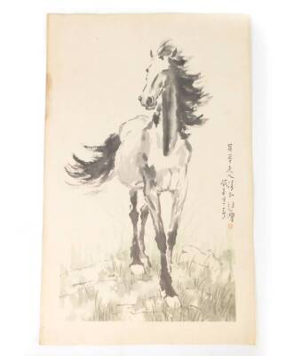 Xu Beihong (Chinese 1895-1953), Standing Horse, print, 44cm x 28 cm and a further print, in the manner of Qi Baishi, Parrot on a branch, print, 50cm x 37cm (2) - 3