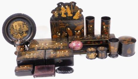 Various late 19thC and early 20thC Japanese black lacquer ware, to include a pair of Japanese vases, profusely decorated with figures with gilt highlights and picked out in red, 14cm H, a pen stand, two further boxes, plate, snuff box, etc. (a quantity)