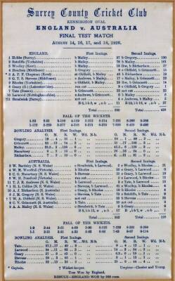 A 1926 Surrey Country Cricket club silk scorecard, for England Vs Australia final Ashes test match, in blue 23cm x 13cm, embroidered with the umpires, bowling analysis, players; Jack Hobbs, Harold Larwood, etc., glazed and framed. - 2