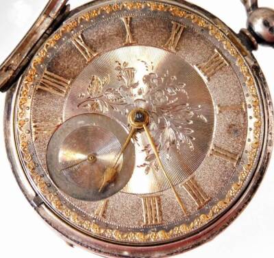 A Victorian silver open faced pocket watch, with fancy 5cm Dia. Roman numeric dial etched with flowers with subsidiary second hand and a partially engine turned case with plain cartouche, keywind movement signed Byworth London No.60410 London 1857, 7cm H, - 3