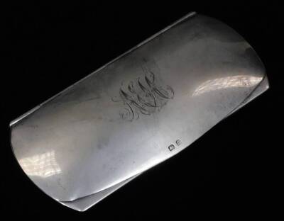 A George V silver spectacles case, of shaped form partially initialled with fitted interior, Birmingham 1911, 11cm W, 2½ oz all in.