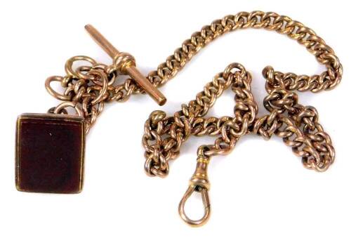 A 9ct rose gold Albert watch chain, with uniform links, T bar end and fob, 41cm L, 48½ g all in.