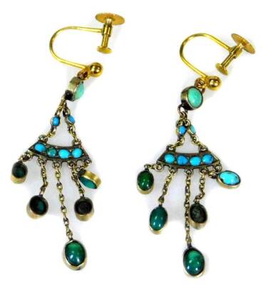 A pair of 9ct gold and turquoise drop earrings, with single turquoise stone to stud with V shaped graduated five stone set drop, on screw backs, marked 9ct, the drop 4cm, 2.8g all in, boxed.