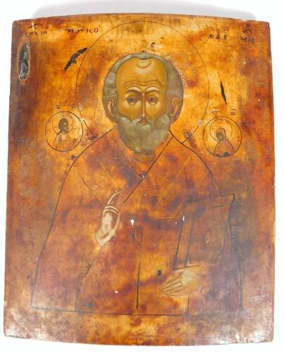 A painted icon set on curved panel, set with figure in flowing robes flanked by further figures in circular surrounds, marked Embin Mnko, 31cm x 26cm.