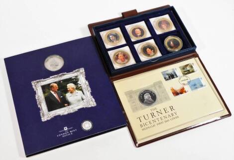 Various coins sets, A Turner Bicentenary Medallic first day cover, 22cm W, a cased set of gold plated proofs of Kings and Queens of the UK coins and a Platinum Wedding Anniversary Photographic Collection containing one coin only. (3)