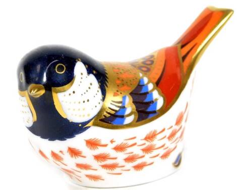 A Royal Crown Derby paperweight ornament coal tit, gilt stopper, printed marks beneath, 5cm H.