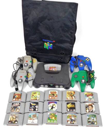 An original Nintendo N64 computer console, with a number of games to include Zelda, 12cm W, outer carrying case, etc. (a quantity)