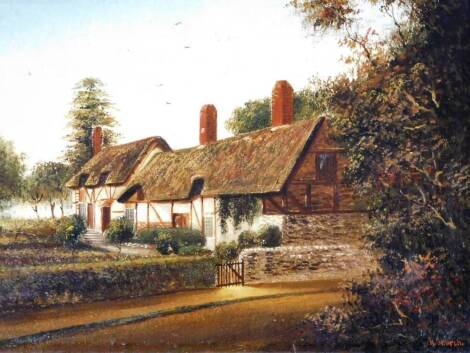 H Church (19thC) Path and hedge before cottage on a summers day, oil on canvas, signed, 23cm x 32cm.