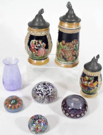 Various paperweights, to include a Millefiori type, 7cm Dia, other floral examples, three beer steins, etc. (a quantity)