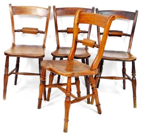 A matched set of four 19thC ash and elm kitchen chairs, with curved cresting rails, cylindrical horizontal splats and ring turned legs joined by H stretchers, 86cm H. (4)