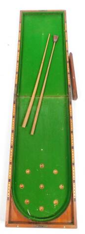 A 19thC mahogany bar bagatelle, of rectangular form, with cue, fitted section and baize lined, when closed 92cm H, 48cm W, 13cm D