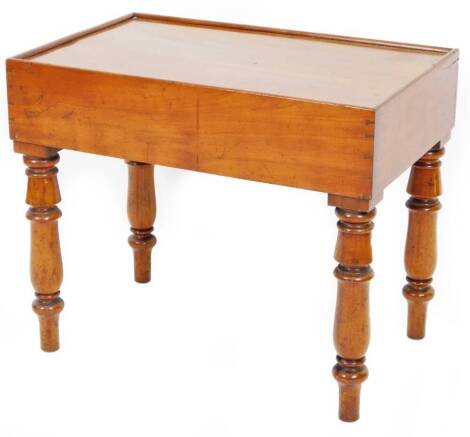 A 19thC mahogany low table, of rectangular form, with lift off lid on turned legs, 47cm H, 60cm W, 37cm D.