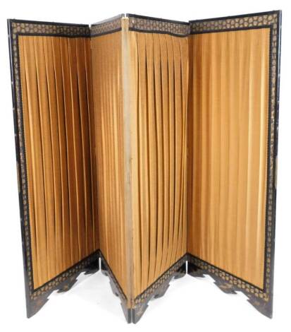 A late 19thC ebonised four fold screen, with material centre in blue, 162cm H.