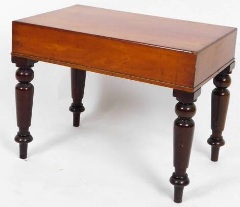 A late 19thC mahogany bidet, of rectangular form with removable lid on turned legs, 47cm H, 57cm W, 41cm D.